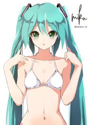 Rule 34 | 1girl, :o, aqua hair, artist name, bare shoulders, bikini, bikini top only, blush, character name, collarbone, commentary, flat chest, green eyes, hatsune miku, highres, long hair, navel, open mouth, revision, simple background, solo, swimsuit, takepon1123, twintails, upper body, very long hair, vocaloid, white background, white bikini