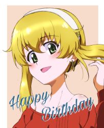 Rule 34 | 1girl, alternate hairstyle, bare shoulders, blonde hair, blush, brown background, carpaccio (girls und panzer), commentary, cursive, earrings, english text, girls und panzer, green eyes, hair up, hairband, hand in own hair, happy birthday, highres, jewelry, kayabakoro, long hair, long sleeves, looking at viewer, low twintails, off-shoulder shirt, off shoulder, open mouth, outside border, portrait, red shirt, shirt, smile, solo, twintails, white hairband