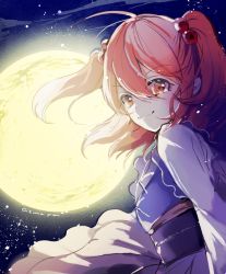 Rule 34 | 1girl, ahoge, azuma aya, full moon, hair ornament, japanese clothes, long hair, looking at viewer, moon, night, night sky, obi, onozuka komachi, red eyes, red hair, sash, sky, smile, solo, star (sky), starry sky, touhou, twintails, two side up