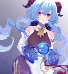 Rule 34 | 1girl, ahoge, bare shoulders, bell, blue gloves, blue hair, blush, bow, breasts, detached sleeves, ganyu (genshin impact), genshin impact, gloves, gold trim, highres, horns, long hair, looking at viewer, medium breasts, neck bell, orb, parted lips, purple eyes, sidelocks, solo, thighlet, white sleeves, wu lu (itsuka)