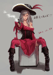 Rule 34 | 1girl, absurdres, aiming, aiming at viewer, black footwear, boots, corset, dated, full body, glasses, gun, hat, highres, lips, long hair, looking at viewer, off shoulder, pink eyes, pirate, pirate hat, shoes, shuizhanglang, simple background, sitting, skull and crossbones, solo, spread legs, thighhighs, weapon