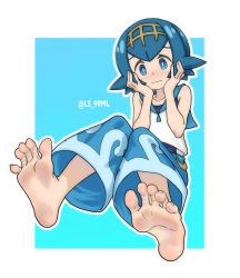 Rule 34 | 1girl, bad id, bad pixiv id, barefoot, blue background, blue eyes, blue hair, blue pants, blue sailor collar, blush, border, bright pupils, closed mouth, commentary request, creatures (company), foot focus, freckles, game freak, hairband, hands up, lana (pokemon), looking at viewer, nintendo, no sclera, one-piece swimsuit, outline, pants, pokemon, pokemon (anime), pokemon sm (anime), raised eyebrows, sailor collar, shirt, short hair, sleeveless, sleeveless shirt, soles, solo, swimsuit, swimsuit under clothes, toes, tsukimaru (ls 99ml), wave print, wavy mouth, white border, white pupils, white shirt, yellow hairband