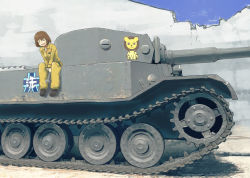 Rule 34 | 10s, 1girl, black footwear, brown hair, commentary, day, emblem, freckles, girls und panzer, holding, jumpsuit, leopon (animal), long sleeves, mechanic, military, military vehicle, motor vehicle, nito (nshtntr), on vehicle, ooarai (emblem), open mouth, orange jumpsuit, outdoors, shirt, shoes, short hair, sitting, smile, solo, tank, tiger (p), tsuchiya (girls und panzer), v arms, vehicle focus, white shirt, wrench