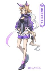 Rule 34 | 1girl, artist name, blonde hair, boots, breasts, cleavage, commentary request, eyelashes, gloves, hair ornament, highres, jacket, looking at viewer, medium breasts, purple footwear, purple jacket, senki zesshou symphogear, senki zesshou symphogear xd unlimited, short hair, simple background, solo, standing, tachibana hibiki (symphogear) (another), translation request, twitter username, white background, yellow eyes, yukitsuba hina