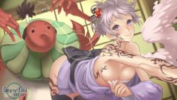 Rule 34 | 1girl, bent over, breasts, cleavage, earrings, hair ornament, japanese clothes, jewelry, kimono, no panties, original, outstretched arm, purple eyes, reaching, sarashi, short hair, silver hair, silver rain, smile, smoke, solo, tattoo, thighhighs, ume (driveume)