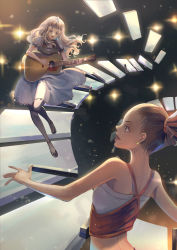 Rule 34 | 2girls, beamed eighth notes, blonde hair, blue eyes, brown hair, carole &amp; tuesday, carole stanley, dress, earrings, guitar, hair ornament, highres, holding, instrument, jewelry, long hair, multiple girls, music, musical note, musical note print, open mouth, pantyhose, piano keys, playing instrument, plectrum, ponytail, quarter note, sheet music, singing, skirt, solo, tuesday simmons, virtual youtuber, whitetown