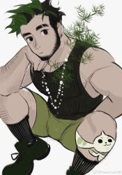Rule 34 | 1boy, arm hair, bara, bare shoulders, beard, black hair, black tank top, bulge, character request, digimon, digimon (creature), eyebrow cut, facial hair, food, food on face, green hair, green shorts, head tilt, highres, jewelry, large pectorals, leg hair, leg tattoo, looking at viewer, male focus, mature male, multicolored hair, muscular, muscular male, necklace, original, pectorals, powerlesssong, short hair, shorts, sidepec, sketch, solo, squatting, striped tank top, tank top, tattoo, thick eyebrows, two-tone hair, unfinished