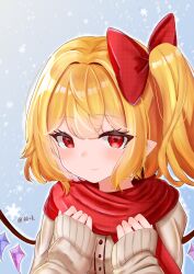 Rule 34 | 1girl, 2091966, absurdres, blonde hair, flandre scarlet, hair ribbon, highres, red eyes, red ribbon, ribbon, scarf, short hair, side ponytail, smile, snow, solo, sweater, touhou, upper body