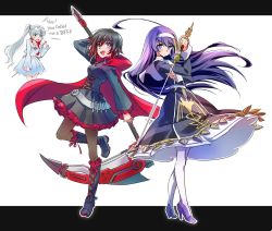 Rule 34 | 3girls, blazblue, blazblue: cross tag battle, blue eyes, boots, commentary request, english text, frilled skirt, frills, hayami saori, high heels, iesupa, multicolored hair, multiple girls, myrtenaster, orie ballardiae harada, pantyhose, purple hair, ruby rose, rwby, scythe, skirt, sword, two-tone hair, under night in-birth, voice actor connection, weapon, weiss schnee, white hair