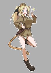 Rule 34 | 1girl, animal ears, bad id, bad pixiv id, blonde hair, blue eyes, boots, full body, grey background, hat, katharine ohare, long hair, military, military uniform, nacl, open mouth, ponytail, shokuen shiwe, simple background, solo, star (symbol), strike witches, strike witches: suomus misfits squadron, tail, uniform, world witches series