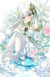 Rule 34 | 1girl, blush, closed mouth, colored tips, cross-shaped pupils, dated, dress, elbow gloves, feet, flower, frilled dress, frills, full body, genshin impact, gloves, gradient hair, green eyes, green hair, hair between eyes, highres, holding, holding flower, long hair, looking at viewer, miaogujun, multicolored hair, nahida (genshin impact), no shoes, pantyhose, pointy ears, see-through, see-through legwear, sitting, smile, solo, symbol-shaped pupils, thighband pantyhose, toes, white dress, white flower, white gloves, white hair, white pantyhose