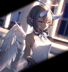 Rule 34 | 1girl, absurdres, angel wings, bandaged arm, bandages, blue eyes, blush, breasts, brown hair, building, cleavage, closed mouth, collarbone, day, detached collar, dress, feathered wings, fusion, halo, heterochromia, highres, horns, neck ribbon, original, outdoors, pillar, pointy ears, purple ribbon, red eyes, ribbon, saw272, short hair, sidelocks, skin-covered horns, sleeveless, sleeveless dress, small breasts, solo, sundress, sunlight, upper body, water, white dress, white wings, wings