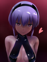 Rule 34 | 1girl, arms behind back, bare shoulders, black eyes, black hairband, blush, breasts, cleavage, close-up, closed mouth, dark-skinned female, dark skin, fate/prototype, fate/prototype: fragments of blue and silver, fate (series), hairband, hassan of serenity (fate), heart, heart-shaped pupils, highres, looking at viewer, medium breasts, purple hair, reflection, shimejinameko, shiny clothes, short hair, smile, solo, symbol-shaped pupils, tsurime, upper body