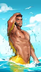 Rule 34 | 1boy, :q, abs, armpit hair, armpits, bara, beard, bird, blush, chest hair, cloud, cloudy sky, completely nude, dark-skinned male, dark skin, facial hair, fins, full body, hand in own hair, head fins, looking at viewer, male focus, mature male, merman, monster boy, muscular, muscular male, mustache, navel, navel hair, nipples, nude, original, pectorals, short hair, sky, solo, stomach, thick eyebrows, tongue, tongue out, wet, xiaolumiaoliya, yellow scales