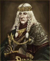 Rule 34 | 1boy, armor, brown background, chain, crown, elden ring, godrick the grafted, jewelry, long hair, looking at viewer, ponytail, portrait, siaionerim, solo, white hair