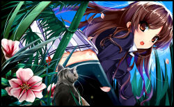 Rule 34 | 1girl, :o, ass, black thighhighs, blue sky, brown eyes, brown hair, cat, field, flower, from behind, grass, iron (huyiyang), long hair, looking at viewer, open mouth, original, plant, sky, solo, surprised, thighhighs