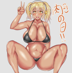 Rule 34 | 1girl, blonde hair, blush, breasts, cleavage, headphones, highres, huge breasts, looking at viewer, navel, nitroplus, open mouth, orange eyes, sitting, smile, solo, super pochaco, swimsuit, twintails, v