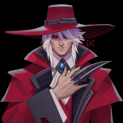 Rule 34 | 1boy, absurdres, alucard (hellsing), alucard (hellsing) (cosplay), ascot, black background, black sclera, claw ring, coat, collared shirt, colored sclera, cosplay, earrings, fingernails, gem, hair between eyes, hair over one eye, hand up, hat, highres, jewelry, league of legends, long sleeves, male focus, red coat, red eyes, red hat, sharp fingernails, shirt, simple background, smile, solo, sundaycat3, upper body, vladimir (league of legends), white ascot, wide sleeves