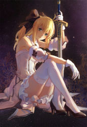 Rule 34 | 1girl, achyue, ahoge, artoria pendragon (all), artoria pendragon (fate), blonde hair, bow, caliburn (fate), detached sleeves, dress, fate/stay night, fate/unlimited codes, fate (series), flower, frills, gloves, green eyes, hair bow, hand on hilt, high heels, long hair, looking at viewer, md5 mismatch, night, planted, planted sword, planted weapon, ponytail, revision, saber (fate), saber lily, sitting, solo, star (sky), sword, thighhighs, type-moon, weapon, white gloves, white thighhighs