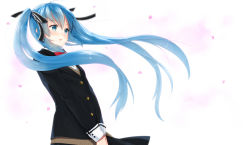 Rule 34 | 1girl, blazer, blue eyes, blue hair, blush, bug, butterfly, buttons, hair ribbon, hatsune miku, highres, insect, jacket, kurasawa moko, long hair, matching hair/eyes, open mouth, petals, ribbon, school uniform, simple background, solo, twintails, v arms, vocaloid, wind
