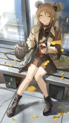 Rule 34 | 1girl, absurdres, bell, black footwear, boots, brown bag, brown coat, brown hair, brown necktie, brown shirt, brown shorts, bullpup, chopsticks, closed eyes, coat, collared shirt, cup ramen, double bun, earrings, eating, food, from above, girls&#039; frontline, gun, hair bun, highres, holding, holding chopsticks, holding food, jewelry, leaf, long sleeves, medium hair, neck bell, necktie, on bench, open clothes, open coat, optical sight, outdoors, p90, p90 (girls&#039; frontline), p90 (the girl from b.e.l) (girls&#039; frontline), personal defense weapon, rff (3 percent), shirt, shorts, sitting, smile, solo, submachine gun, sweat, weapon, window