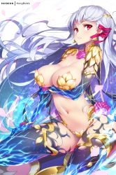Rule 34 | 1girl, arm under breasts, armlet, armor, bikini armor, blush, breasts, earrings, fate/grand order, fate (series), flower, hair ribbon, hong (white spider), jewelry, kama (fate), kama (third ascension) (fate), large breasts, long hair, looking at viewer, navel, parted lips, red eyes, ribbon, silver hair, solo, thighlet, thighs