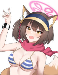 Rule 34 | animal ear fluff, animal ears, bikini, black hair, blue archive, blush, breasts, fang, fox ears, fox shadow puppet, fox tail, halo, highres, hinmyoi, izuna (blue archive), izuna (swimsuit) (blue archive), medium breasts, official alternate costume, open mouth, pink halo, pink scarf, scarf, short hair, simple background, skin fang, striped bikini, striped clothes, swimsuit, tail, upper body, white background, yellow eyes
