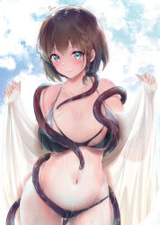 Rule 34 | 1girl, bikini, black bikini, blue eyes, braid, breasts, brown hair, charlotte corday (fate), cloud, collarbone, commentary request, dermar, fate/grand order, fate (series), highres, large breasts, looking at viewer, navel, nipples, sarong, see-through sarong, short hair, signature, single braid, smile, solo, swimsuit, tentacles, wet, white sarong