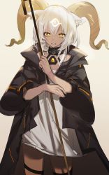 Rule 34 | 1girl, animal ears, aonogura, arknights, beeswax (arknights), black coat, closed mouth, coat, commentary, cowboy shot, dark skin, dark-skinned female, dress, expressionless, eyelashes, flat chest, goat ears, goat horns, grey background, hair between eyes, highres, holding, holding staff, horns, infection monitor (arknights), looking at viewer, off-shoulder dress, off shoulder, open clothes, open coat, short dress, short hair with long locks, silver hair, simple background, solo, staff, thigh strap, third eye, white dress, yellow eyes