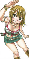 Rule 34 | 1girl, arm up, belt, belt skirt, blonde hair, boots, bracelet, breasts, brown eyes, cleavage, elie, grin, jewelry, large breasts, long hair, looking at viewer, mashima hiro, midriff, miniskirt, necklace, official art, rave, side slit, simple background, skirt, smile, solo, thighs, white background