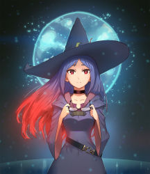 Rule 34 | 10s, 1girl, belt, blue hair, chariot du nord, choker, collarbone, unworn eyewear, glasses, hat, highres, holding, holding removed eyewear, little witch academia, long hair, long sleeves, looking at viewer, multicolored hair, parted bangs, red hair, sendo (sendrawz), smile, solo, spoilers, two-tone hair, ursula callistis, wide sleeves, witch, witch hat