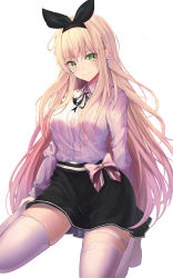 Rule 34 | 1girl, black ribbon, black skirt, blonde hair, bow, breasts, closed mouth, collared shirt, commentary request, cross, cross earrings, earrings, green eyes, hairband, head tilt, highres, jewelry, kneeling, long hair, long sleeves, looking at viewer, medium breasts, miniskirt, neck ribbon, no shoes, original, pink bow, ribbon, runa (user guwn7382), shirt, shirt tucked in, sidelocks, simple background, skindentation, skirt, smile, solo, thigh strap, thighhighs, very long hair, white background, white shirt, white thighhighs, zettai ryouiki