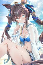 Rule 34 | 1girl, alternate costume, animal ears, beach, black hair, blue eyes, blush, breasts, closed mouth, cloud, commentary request, hair ornament, highres, horse ears, horse girl, horse tail, jacket, long hair, medium breasts, mole, mole under eye, pointing, pointing at self, sitting, smile, solo, swimsuit, tail, twintails, umamusume, uu-tan (hushigi10), vivlos (umamusume)