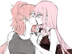 Rule 34 | 2girls, aaaaddddd, akuma no riddle, black camisole, blush, camisole, commentary, french kiss, grey tank top, hand on another&#039;s shoulder, inukai isuke, kiss, korean commentary, lingerie, long hair, multiple girls, one eye closed, pink hair, red hair, sagae haruki, simple background, tank top, tongue, underwear, upper body, white background, yuri
