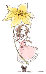 Rule 34 | 1girl, aerith gainsborough, ancotsubu, bare arms, bare shoulders, boots, bracelet, braid, brown hair, buttons, choker, curly hair, dress, final fantasy, final fantasy vii, final fantasy vii remake, flower, full body, green eyes, hair ribbon, holding, holding flower, jacket, unworn jacket, jewelry, lily (flower), long dress, long hair, necklace, pink dress, pink ribbon, ribbon, sidelocks, square enix, white background, yellow flower