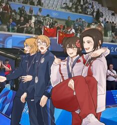 2024_summer_olympics 2boys 2girls ahoge america_(hetalia) arm_around_neck blonde_hair blue_eyes blush brown_eyes brown_hair carrying carrying_person china_(hetalia) chinese_divers_princess_carry_(meme) crowd flower genderswap genderswap_(mtf) hair_bun hair_flower hair_ornament hetalia highres jacket jersey long_hair looking_at_another looking_to_the_side medal meme mino_mochi multiple_boys multiple_girls olympics pants photo_background ponytail princess_carry short_hair smile surprised thumbs_up uniform wide-eyed