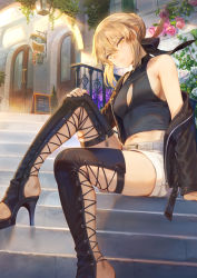 Rule 34 | 1girl, alternate costume, artoria pendragon (all), artoria pendragon (fate), bare shoulders, belt, belt buckle, black bow, black footwear, black jacket, black shirt, blonde hair, boots, bow, breasts, buckle, building, casual, cleavage cutout, closed mouth, clothing cutout, commentary request, cross-laced footwear, day, fate/grand order, fate (series), feet, flower, hair bow, hair bun, hair ribbon, hand on own knee, high heel boots, high heels, highres, jacket, knee up, legs, long sleeves, looking at viewer, mashuu (neko no oyashiro), off shoulder, outdoors, pink flower, pink rose, railing, ribbon, rose, saber alter, sandals, shirt, short hair, short shorts, shorts, sideboob, sidelocks, single hair bun, sitting, small breasts, solo, stairs, textless version, thigh boots, thighhighs, toeless legwear, unzipped, v-shaped eyebrows, white flower, white rose, white shorts, yellow eyes, zipper pull tab