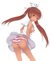 Rule 34 | 10s, 1girl, ass, breasts, brown eyes, brown hair, dark-skinned female, dark skin, dress, fang, from behind, hat, highres, kantai collection, kiyomin, libeccio (kancolle), long hair, looking back, open mouth, panties, ribbon, short dress, side slit, sideboob, sleeveless, sleeveless dress, small breasts, solo, striped clothes, striped panties, underwear, wind, wind lift