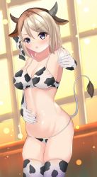 1girl alternate_costume animal_ears animal_print azur_lane bikini bottle breasts cleavage cow_ears cow_girl cow_horns cow_print cow_tail fake_animal_ears highres holding holding_bottle horns large_breasts looking_at_viewer medium_hair megumi_kei milk_bottle purple_eyes skindentation solo swimsuit tail thighhighs z23_(azur_lane)