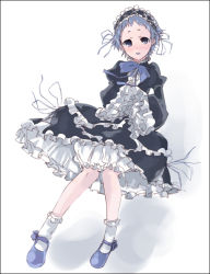 Rule 34 | 1girl, aka ume, black border, black dress, bloomers, blue bow, blue bowtie, blue eyes, blue hair, blue lips, border, bow, bowtie, dress, frilled dress, frilled skirt, frilled sleeves, frilled socks, frills, full body, gothic lolita, hairband, hands in opposite sleeves, juliet sleeves, knees together feet apart, lipstick, lolita fashion, long sleeves, makeup, mary janes, matching hair/eyes, original, puffy sleeves, shoes, short hair, simple background, skirt, socks, solo, underwear, white background, white bloomers, wide sleeves