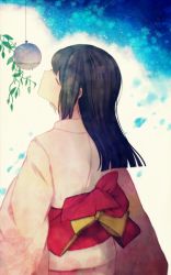 Rule 34 | ayu (mog), bad id, bad pixiv id, black hair, closed eyes, highres, imminent kiss, japanese clothes, kimono, long hair, looking up, original, ornament, solo, wind chime