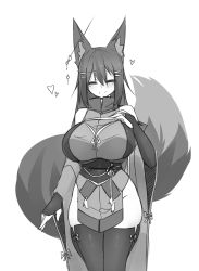 Rule 34 | 1girl, = =, absurdres, animal ear fluff, animal ears, bare shoulders, blush, breasts, bridal gauntlets, closed eyes, commentary, cowboy shot, facing viewer, fox ears, fox tail, greyscale, hair between eyes, hair ornament, hairclip, hairpin, hand on own chest, heart, highres, huge breasts, japanese clothes, kimono, kiri (sub-res), legs together, long hair, monochrome, notched ear, obi, original, sash, simple background, skindentation, smile, solo, standing, sub-res, tail, thighhighs, thighs, white background