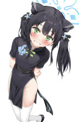 Rule 34 | 1girl, absurdres, animal ear fluff, animal ears, arms behind back, black dress, black footwear, black hair, black ribbon, blue archive, blush, bow, china dress, chinese clothes, dress, foot out of frame, green bow, green eyes, grin, hair ribbon, halo, highres, holding own arm, long hair, looking at viewer, nedia (nedia region), no panties, pelvic curtain, ribbon, sash, short sleeves, shun (blue archive), shun (small) (blue archive), side slit, simple background, smile, solo, thighhighs, thighs, tiger ears, tiger girl, twintails, white background, white thighhighs