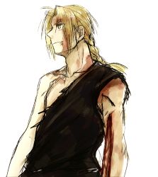 Rule 34 | 1boy, arms at sides, black shirt, blonde hair, blood, blood on arm, blood on face, braid, dirty, dirty clothes, dirty face, edward elric, eyes visible through hair, fullmetal alchemist, happy, looking away, male focus, profile, shirt, simple background, sleeveless, sleeveless shirt, smile, torn clothes, tsukuda0310, upper body, white background, yellow eyes