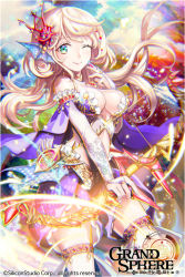 Rule 34 | 1girl, animal ears, arrow (projectile), bare shoulders, blonde hair, blue eyes, bow (weapon), breasts, bridal gauntlets, cleavage, cloud, company name, copyright name, coral, gloves, glowing, grand sphere, green eyes, hair ornament, holding, holding weapon, kneeling, kuroi nyan, large breasts, long hair, looking at viewer, multicolored eyes, official art, one eye closed, original, smile, solo, thighhighs, underboob, water, weapon, white gloves