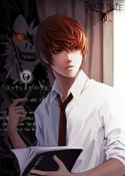 Rule 34 | 1boy, ana bi, black necktie, blouse, brown eyes, brown hair, cameo, collared shirt, copyright name, death note, male focus, necktie, notebook, poster (medium), poster (object), ryuk, shirt, sleeves rolled up, solo, white shirt, yagami light