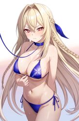 Rule 34 | 1girl, absurdres, armpit crease, bare shoulders, bikini, blonde hair, blue bikini, blush, braid, breasts, chain, chain leash, cleavage, collar, counter:side, ecclesia (counter:side), frown, hair between eyes, hair ribbon, highres, large breasts, leash, ll 0109, long hair, looking at viewer, mole, mole under eye, mors (counter:side), navel, red eyes, ribbon, simple background, solo, swimsuit, thighs, white background