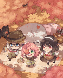 Rule 34 | 1boy, 2girls, :d, anya (spy x family), apple, autumn, autumn leaves, baguette, basket, black hair, blanket, blonde hair, blue eyes, blush, bond (spy x family), book, bread, brown-framed eyewear, brown coat, brown headwear, brown jacket, brown pants, chibi, closed eyes, closed mouth, coat, collared shirt, commentary request, crossed legs, cup, day, dog, drink, drinking glass, drinking straw, duffel coat, enpera, eyelashes, falling leaves, father and daughter, fedora, food, fork, fruit, glasses, grass, green eyes, hairband, hat, holding, holding book, holding leaf, jacket, kitchen knife, knife, leaf, long sleeves, looking at another, looking at viewer, maple leaf, medium hair, mother and daughter, multiple girls, open book, open mouth, outdoors, pants, picnic, pink hair, plate, pocket, reading, red eyes, sandwich, scarf, shadow, shirt, short hair, sitting, sleeping, smile, split mouth, spy x family, teeth, tree, twilight (spy x family), upper teeth only, white hairband, white scarf, white shirt, yor briar, zoe (killyou80)