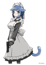 Rule 34 | 1girl, absurdres, alternate costume, animal ears, apron, arknights, averting eyes, black dress, black gloves, black pantyhose, blue hair, blush, breasts, cat ears, cat girl, cat tail, closed mouth, collared dress, dress, enmaided, fingerless gloves, frilled apron, frills, gloves, green eyes, gun, handgun, highres, holding, holding gun, holding weapon, jessica (arknights), kumamu, long sleeves, maid, maid apron, medium breasts, multicolored hair, pantyhose, pink hair, ponytail, puffy long sleeves, puffy sleeves, sidelocks, simple background, sleeves past wrists, solo, standing, streaked hair, tail, twitter username, weapon, weapon request, white apron, white background