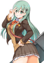 Rule 34 | 1girl, absurdres, aqua eyes, aqua hair, blush, bow, bowtie, breasts, brown jacket, brown skirt, brown sweater, commentary request, grin, hair between eyes, hair ornament, hairclip, hand on own hip, highres, jacket, kantai collection, large breasts, long hair, looking at viewer, miniskirt, okitsugu, pleated skirt, red bow, red bowtie, remodel (kantai collection), revision, school uniform, shirt, simple background, single stripe, skirt, smile, solo, suzuya (kancolle), sweater, v, white background, white shirt